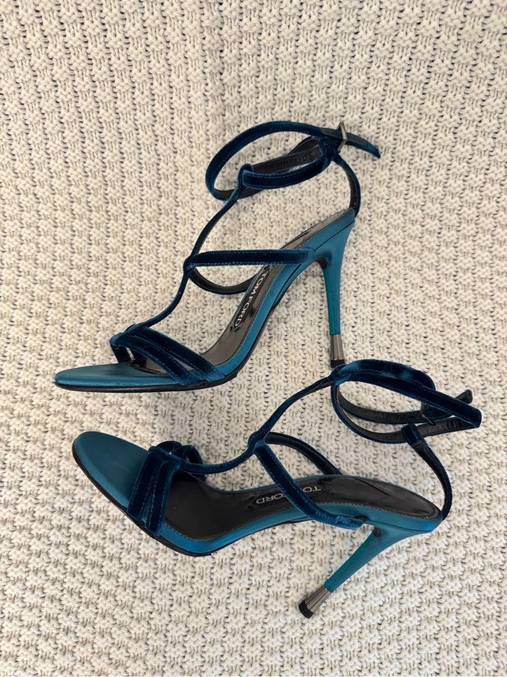 Tom Ford Teal Velvet Strappy Stiletto Sandals